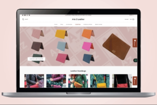 A2Z Leather e-commerce website shown on a laptop