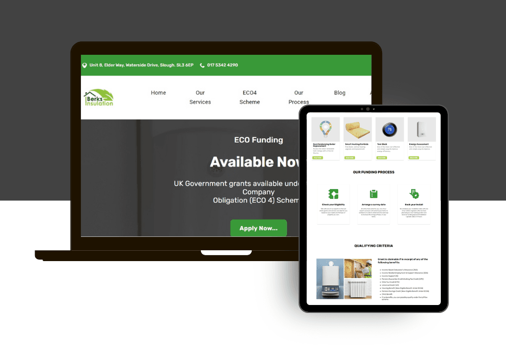Berks Insulation website shown on laptop and tablet