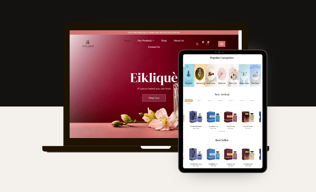 Eiklique beauty e-commerce website displayed on laptop and tablet