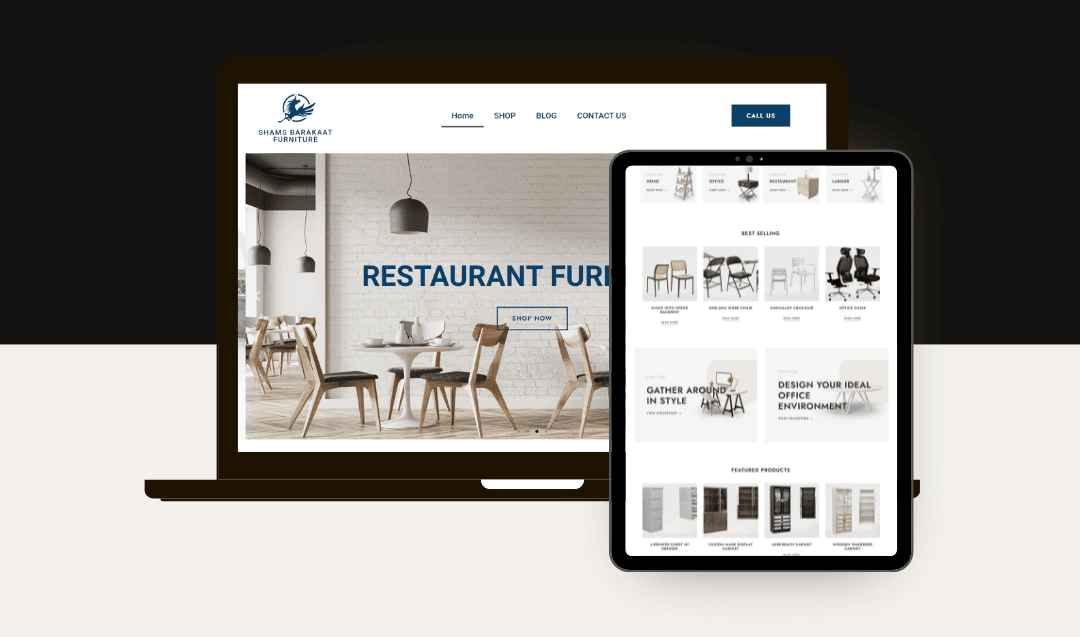 Shams Barakaat Furniture website displayed on laptop and tablet