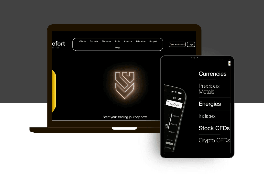Stonefort Securities brokerage website shown on laptop and tablet