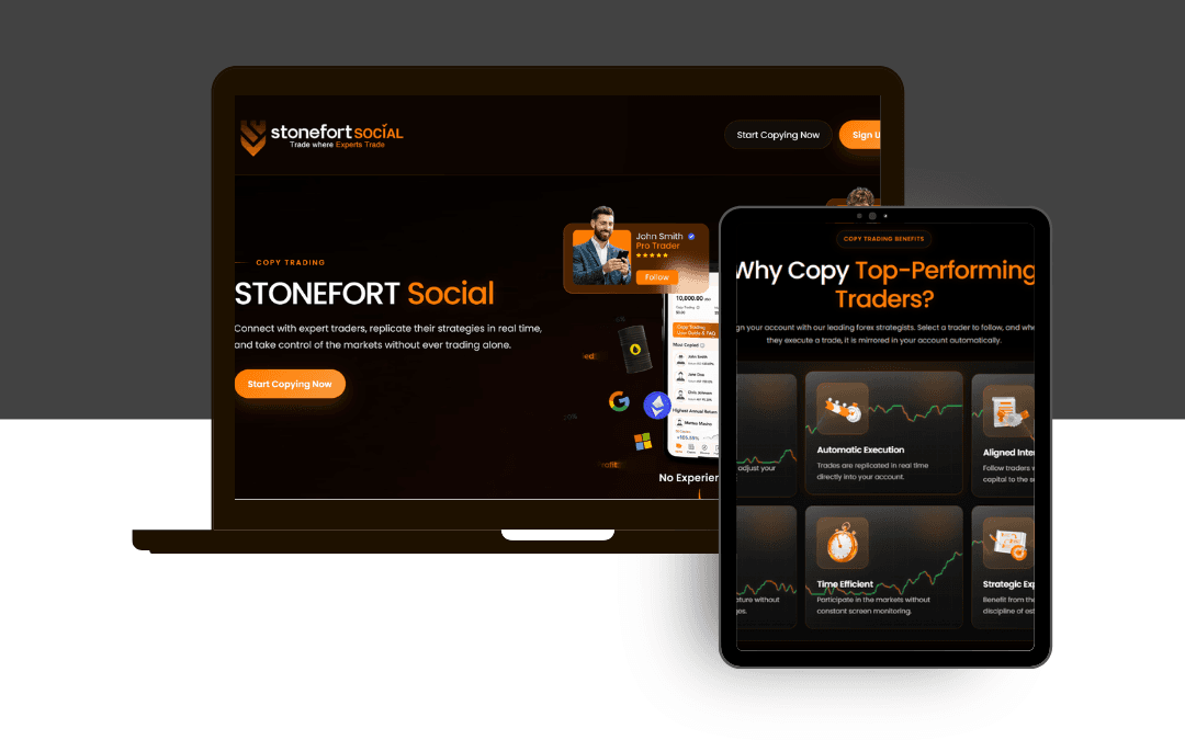 Stonefort Social copy-trading website shown on laptop and tablet