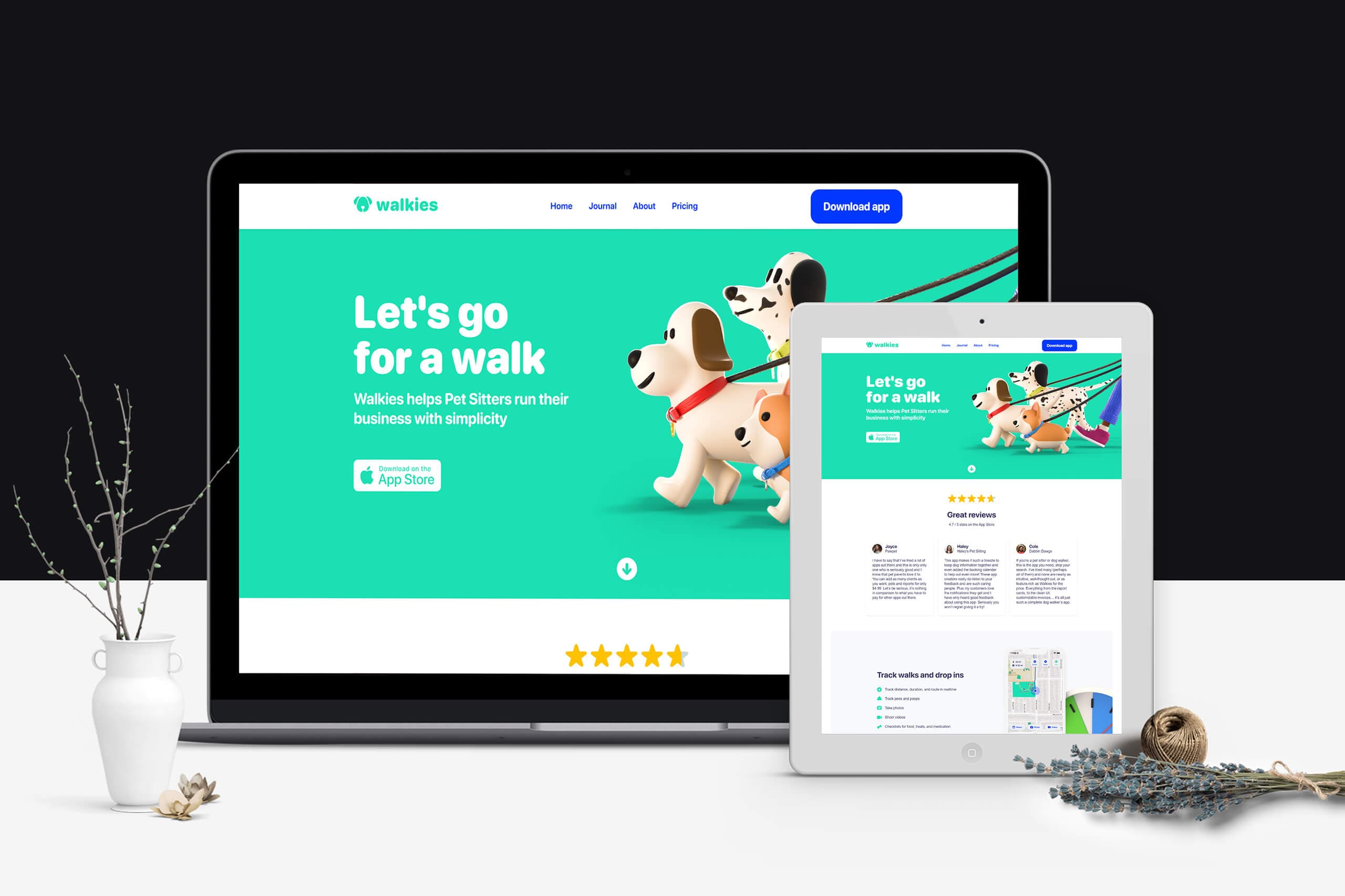 Walkies pet services website shown on laptop and tablet