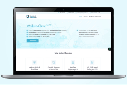 Walk-In Specialist clinic website shown on a laptop